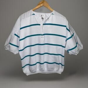 Vintage Womens Striped Henley Top 80s 90s Drop Shoulder Casual Coastal Sweat Tee